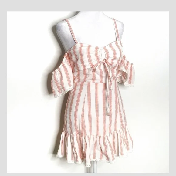 Tularosa Brinley Mini Dress Off Shoulder Pink Stripe Ruffle Hem Sweetheart Neck - Picture 10 of 11
